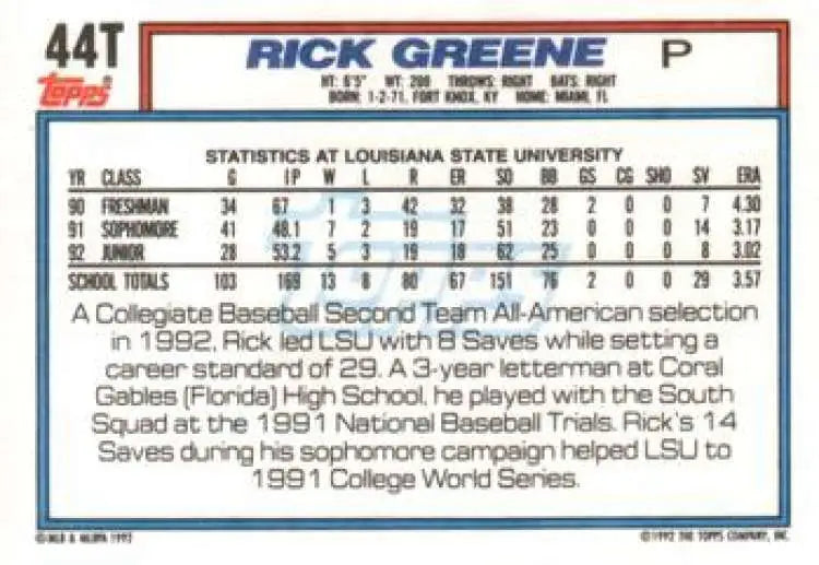 1992 Topps Traded #44T Rick Greene NM-MT RC Rookie USA Baseball Card - Baseball Card Single