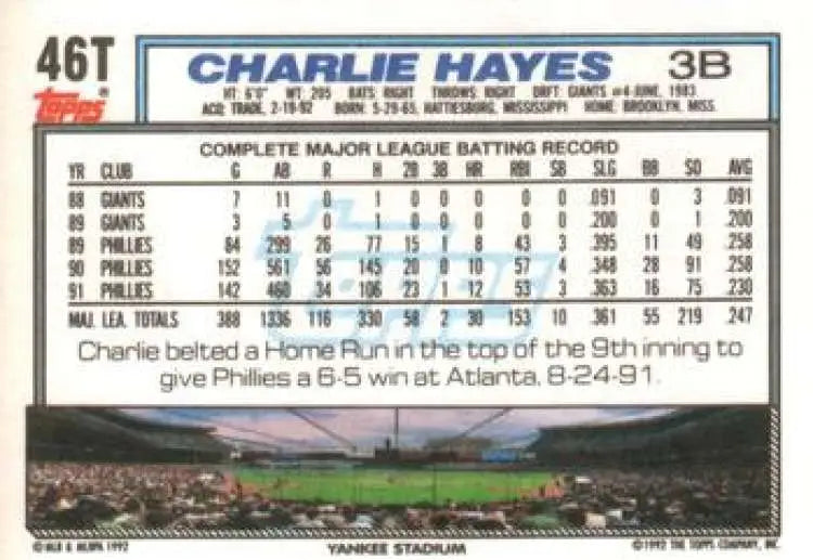 1992 Topps Traded #46T Charlie Hayes NM-MT New York Yankees Baseball Card - Baseball Card Single