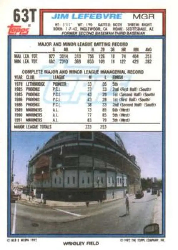 1992 Topps Traded #63T Jim Lefebvre NM-MT Chicago Cubs Baseball Card - Baseball Card Single