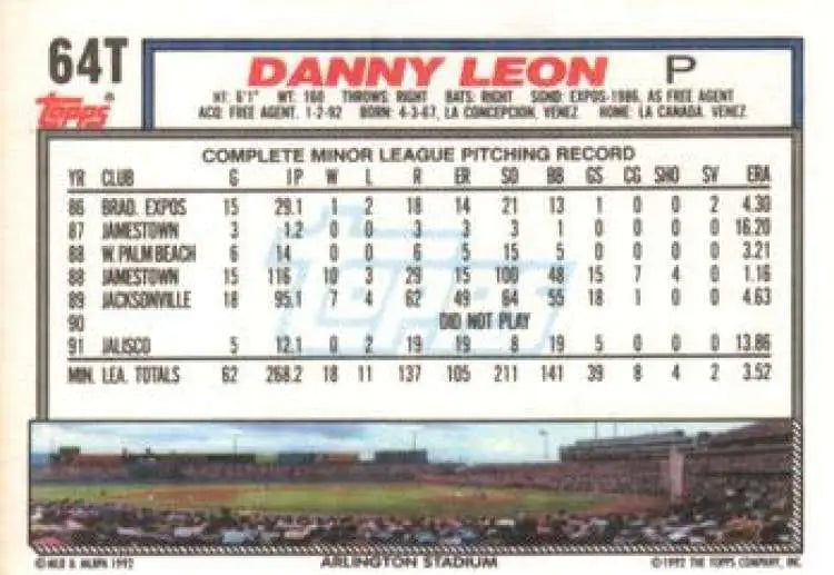 1992 Topps Traded #64T Danny Leon NM-MT RC Rookie Texas Rangers Baseball Card - Baseball Card Single