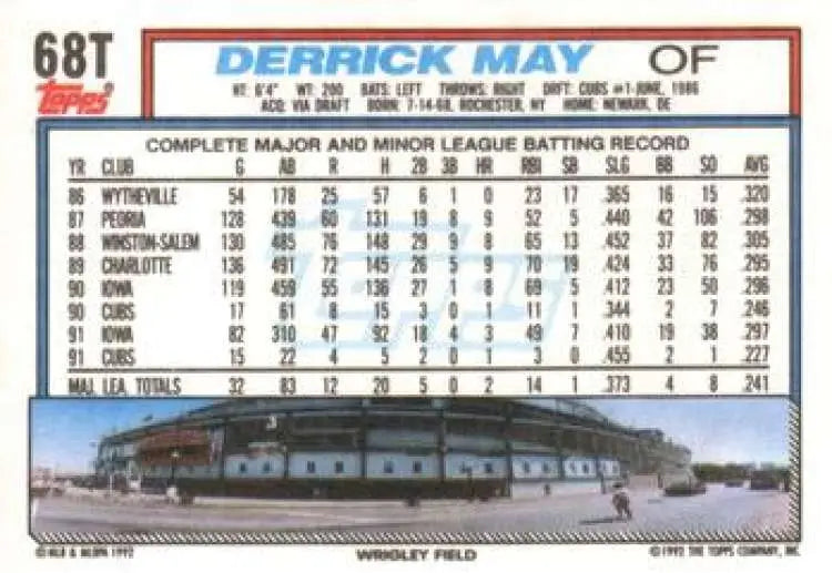 1992 Topps Traded #68T Derrick May NM-MT Chicago Cubs Baseball Card - Baseball Card Single
