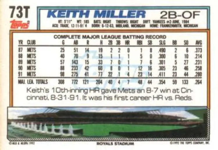 1992 Topps Traded #73T Keith Miller NM-MT Kansas City Royals Baseball Card - Baseball Card Single