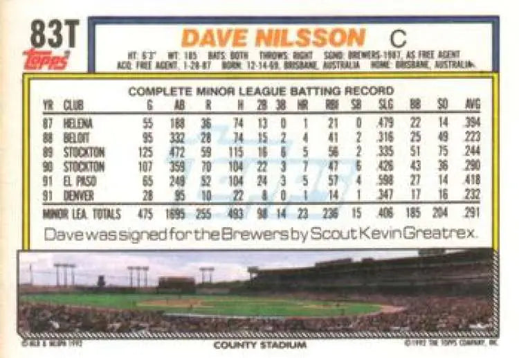 1992 Topps Traded #83T Dave Nilsson NM-MT Milwaukee Brewers Baseball Card - Baseball Card Single