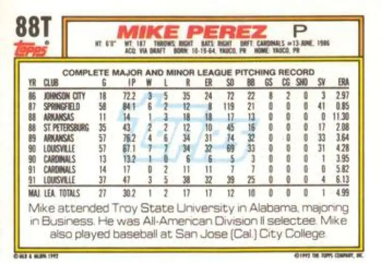 1992 Topps Traded #88T Mike Perez NM-MT St. Louis Cardinals Baseball Card - Baseball Card Single
