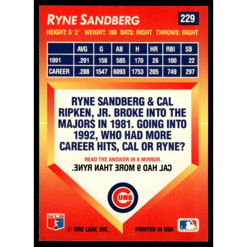 1992 Triple Play #229 Ryne Sandberg EX Chicago Cubs Baseball Card - Baseball Card Single