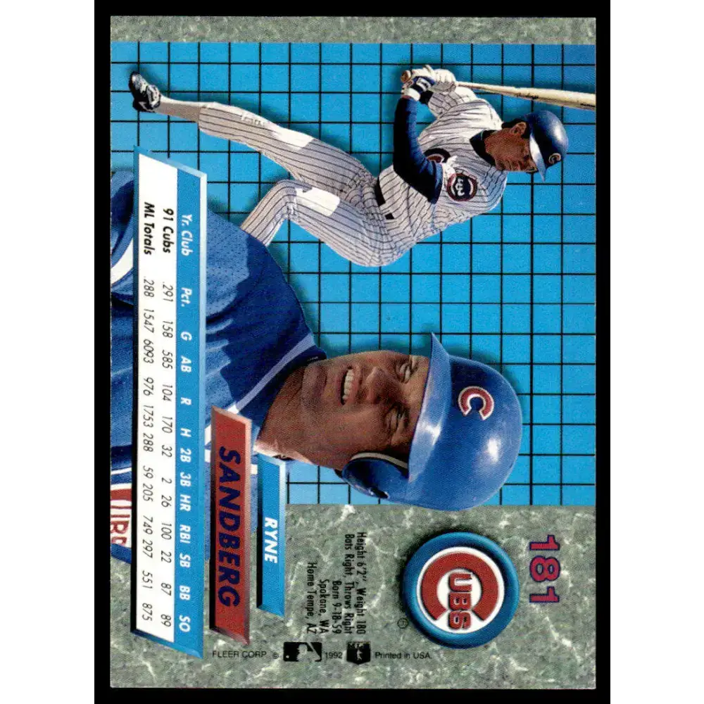 1992 Ultra #181 Ryne Sandberg EX Chicago Cubs Baseball Card - Baseball Card Single