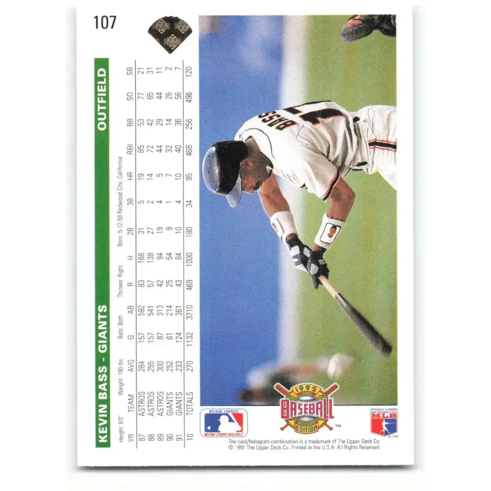 1992 Upper Deck #107 Kevin Bass NM-MT San Francisco Giants Baseball Card - Baseball Card Single