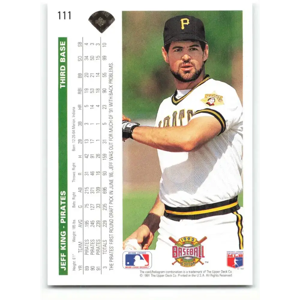 1992 Upper Deck #111 Jeff King NM-MT Pittsburgh Pirates Baseball Card - Baseball Card Single