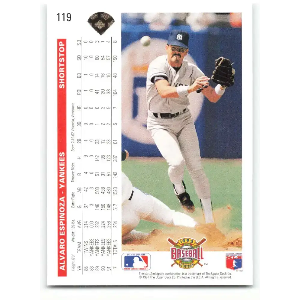 1992 Upper Deck #119 Alvaro Espinoza NM-MT New York Yankees Baseball Card - Baseball Card Single