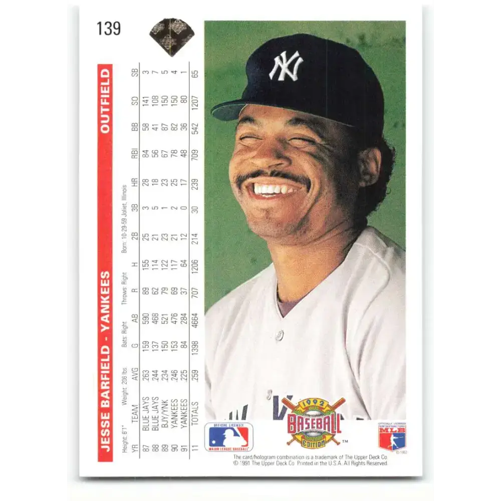 1992 Upper Deck #139 Jesse Barfield NM-MT New York Yankees Baseball Card - Baseball Card Single