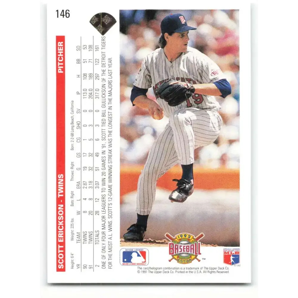 1992 Upper Deck #146 Scott Erickson NM-MT Minnesota Twins Baseball Card - Baseball Card Single