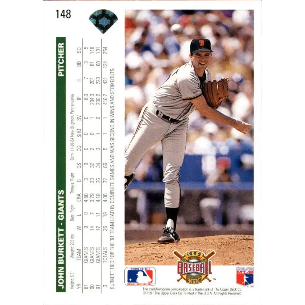 1992 Upper Deck #148 John Burkett NM-MT San Francisco Giants Baseball Card - Baseball Card Single