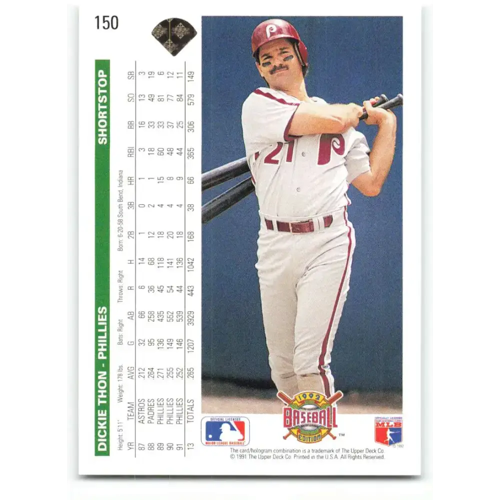 1992 Upper Deck #150 Dickie Thon NM-MT Philadelphia Phillies Baseball Card - Baseball Card Single