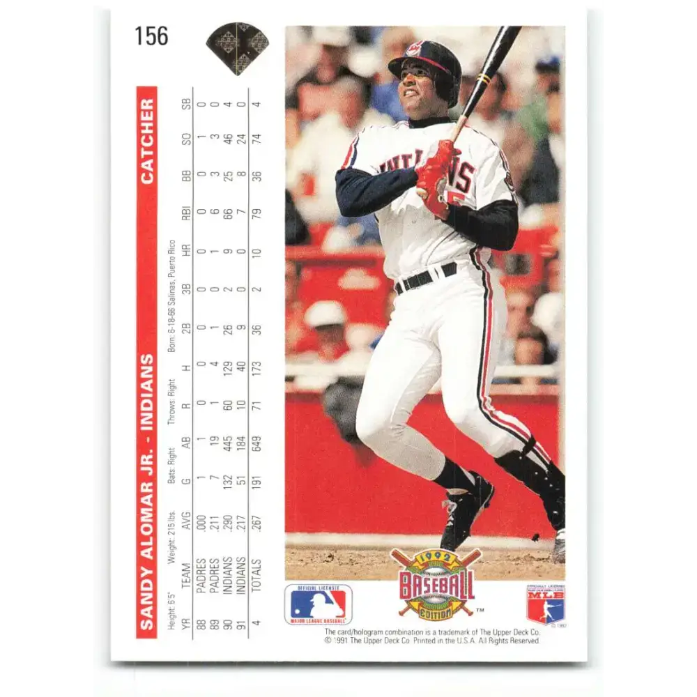 1992 Upper Deck #156 Sandy Alomar Jr. NM-MT Cleveland Indians Baseball Card - Baseball Card Single
