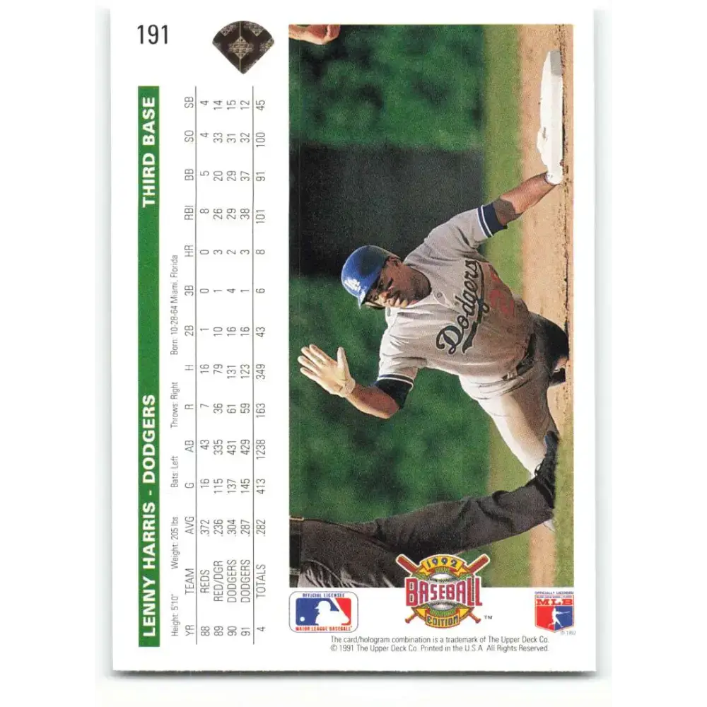 1992 Upper Deck #191 Lenny Harris NM-MT Los Angeles Dodgers Baseball Card - Baseball Card Single