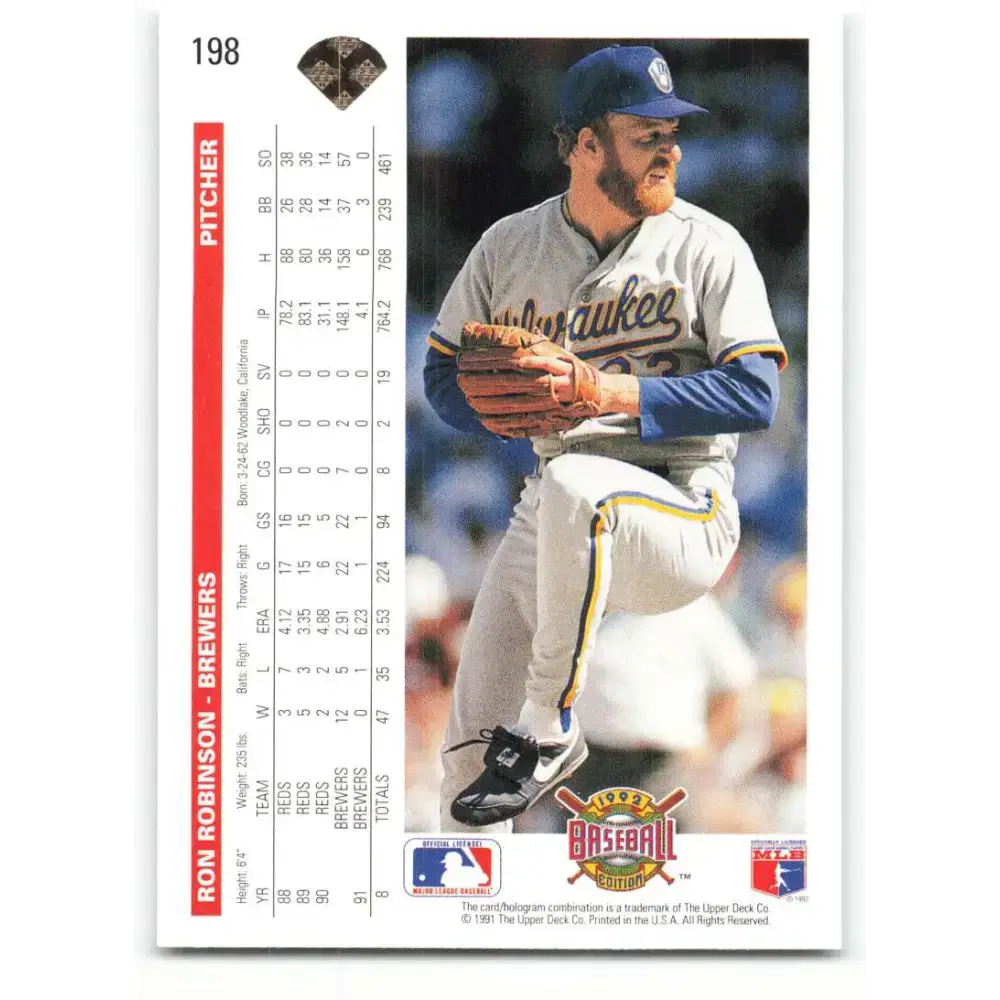 1992 Upper Deck #198 Ron Robinson NM-MT Milwaukee Brewers Baseball Card - Baseball Card Single