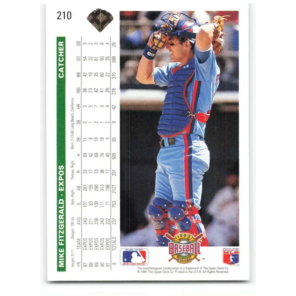 1992 Upper Deck #210 Mike Fitzgerald NM-MT Montreal Expos Baseball Card - Baseball Card Single