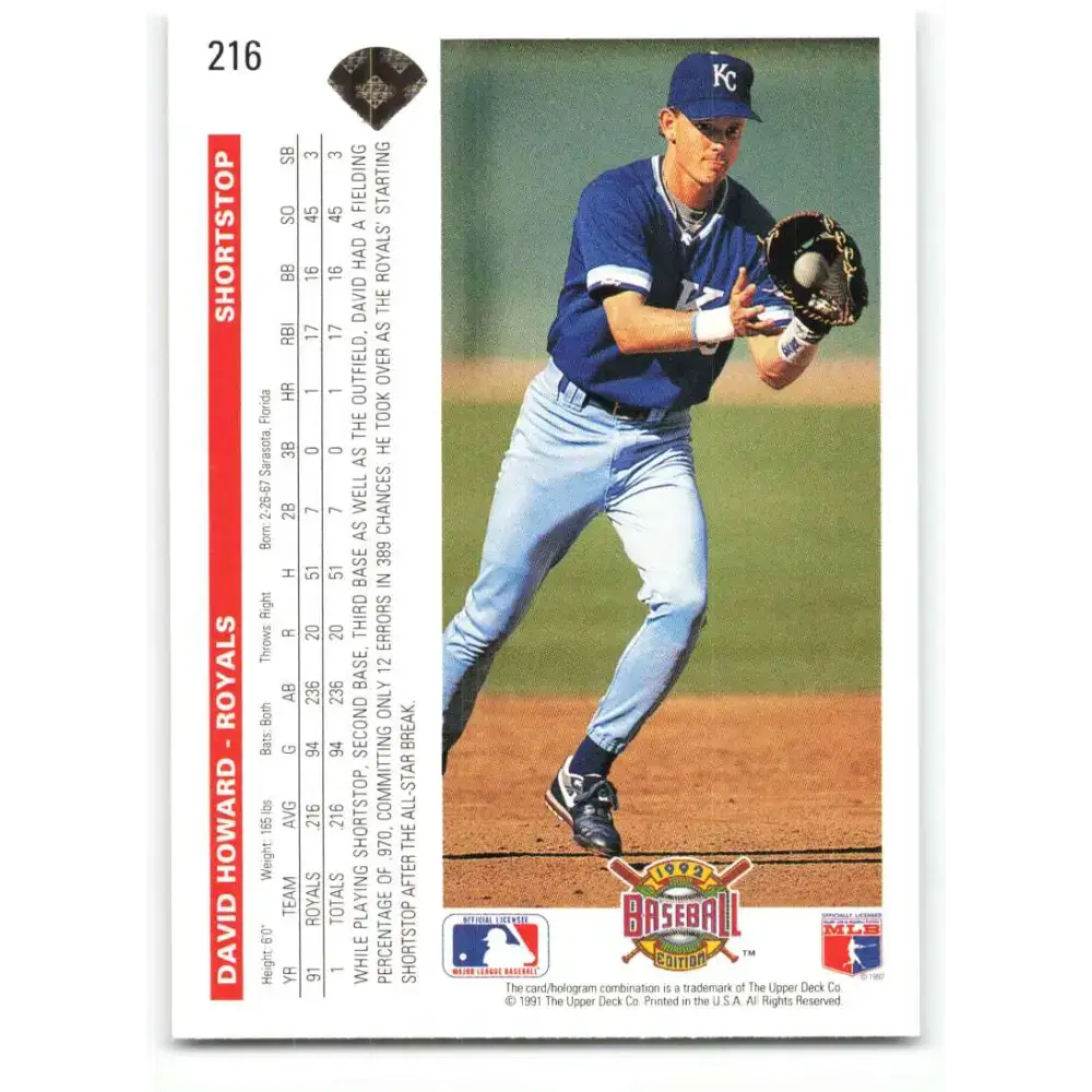 1992 Upper Deck #216 David Howard NM-MT Kansas City Royals Baseball Card - Baseball Card Single