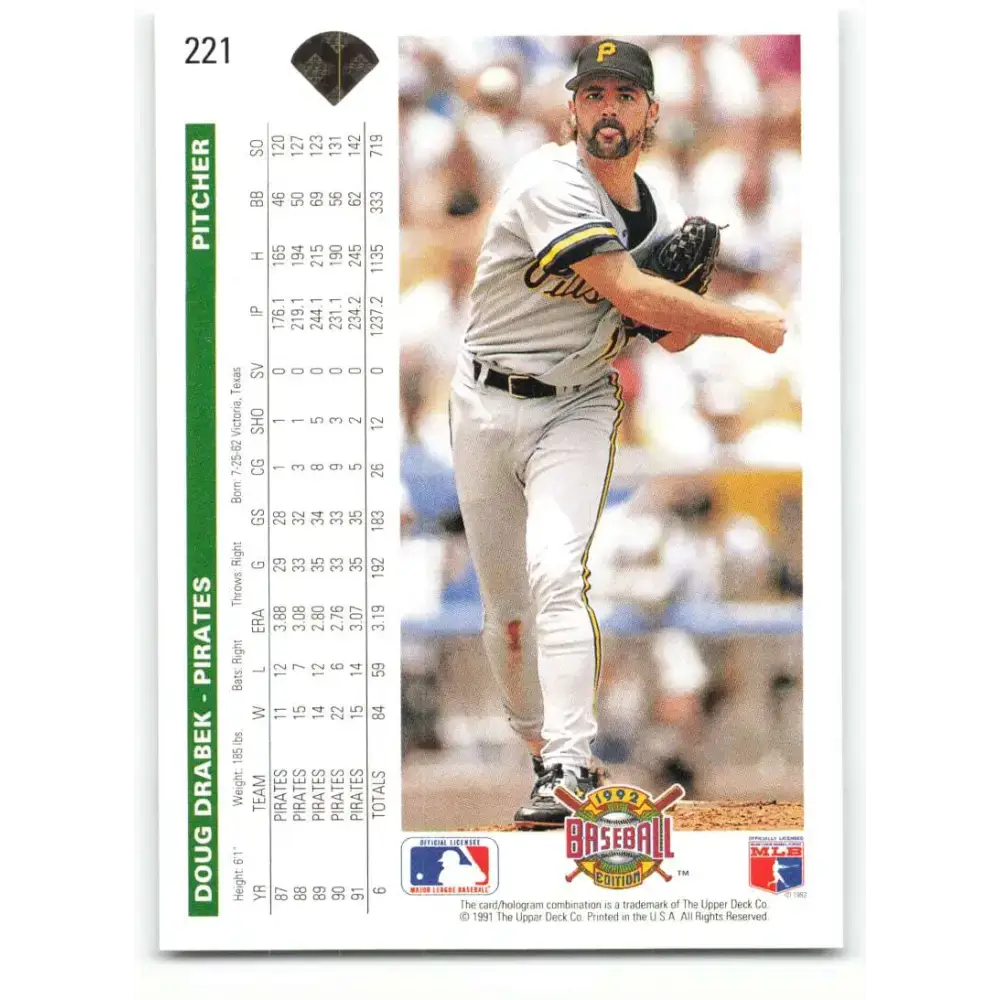 1992 Upper Deck #221 Doug Drabek NM-MT Pittsburgh Pirates Baseball Card - Baseball Card Single