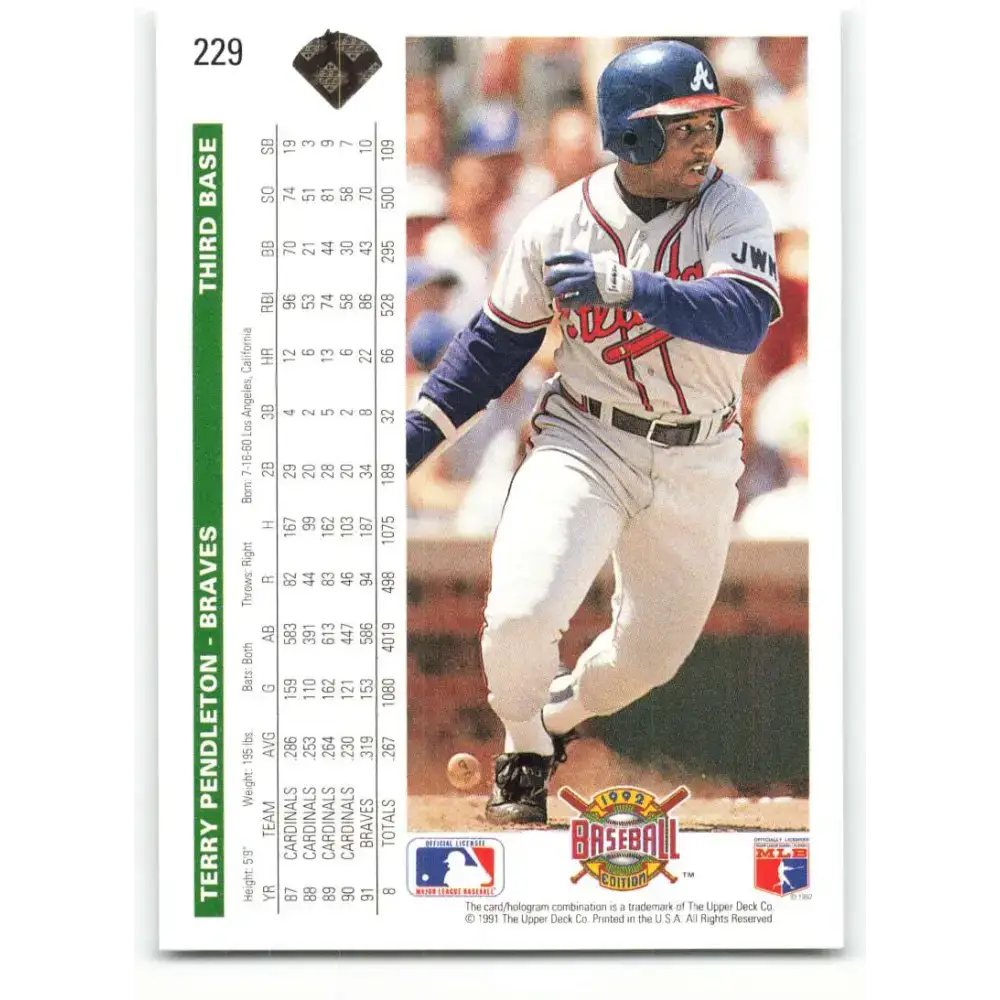 1992 Upper Deck #229 Terry Pendleton NM-MT Atlanta Braves Baseball Card - Baseball Card Single