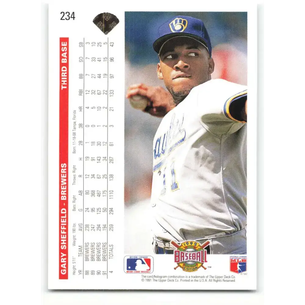 1992 Upper Deck #234 Gary Sheffield NM-MT Milwaukee Brewers Baseball Card - Baseball Card Single
