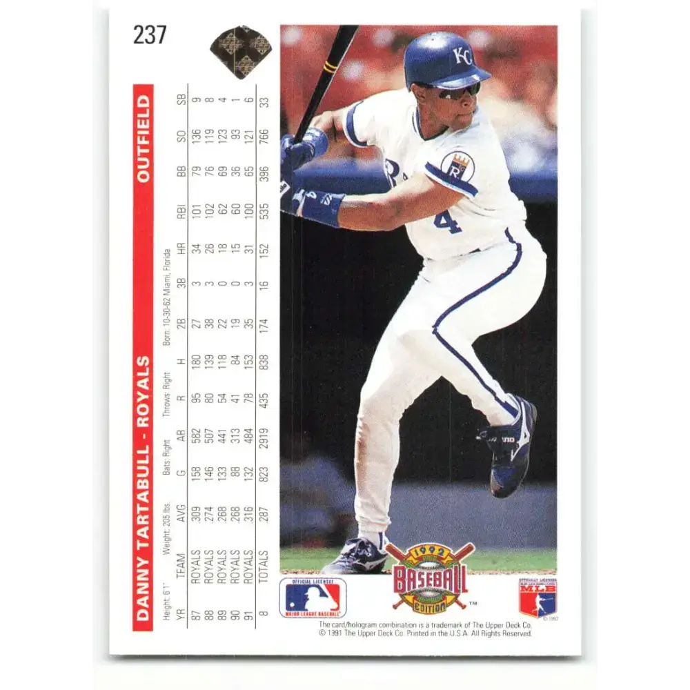 1992 Upper Deck #237 Danny Tartabull NM-MT Kansas City Royals Baseball Card - Baseball Card Single