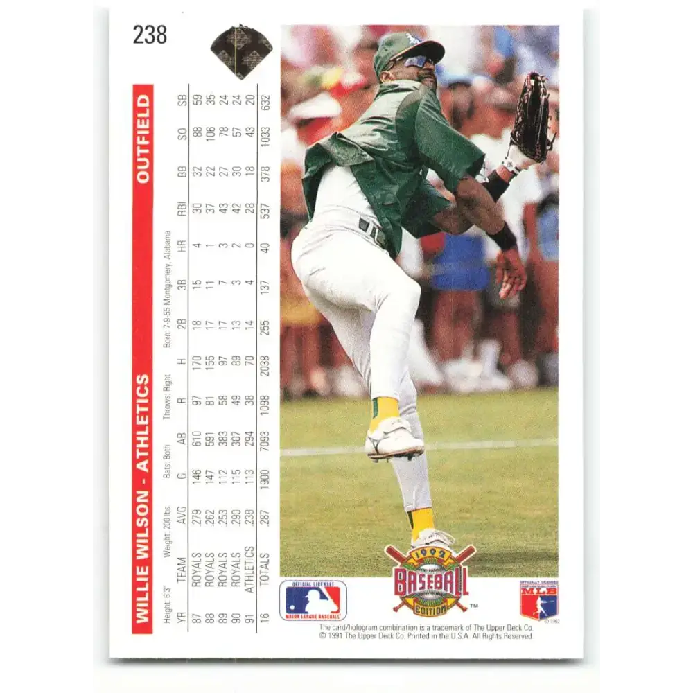 1992 Upper Deck #238 Willie Wilson NM-MT Oakland Athletics Baseball Card - Baseball Card Single