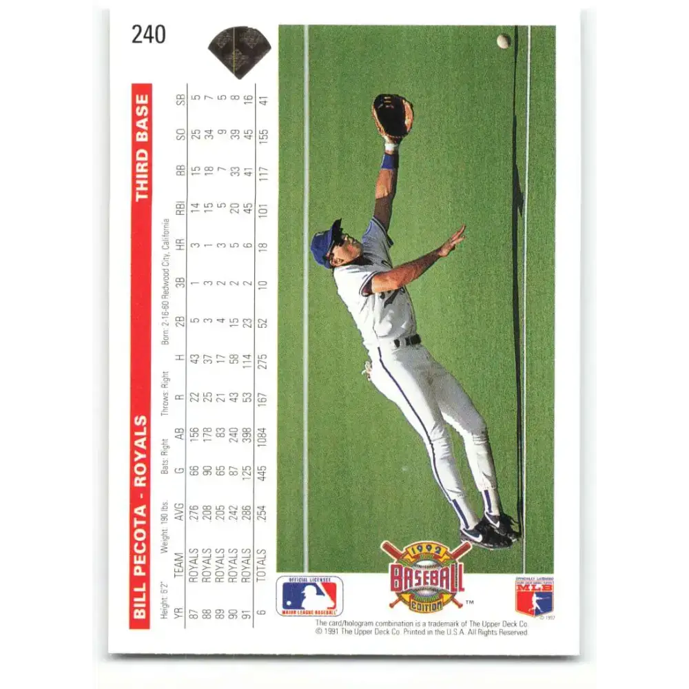 1992 Upper Deck #240 Bill Pecota NM-MT Kansas City Royals Baseball Card - Baseball Card Single