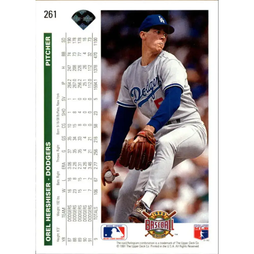 1992 Upper Deck #261 Orel Hershiser NM-MT Los Angeles Dodgers Baseball Card - Baseball Card Single