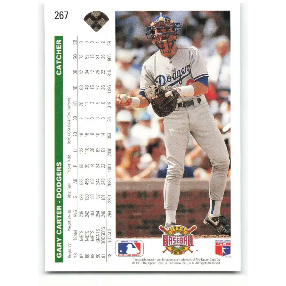 1992 Upper Deck #267 Gary Carter NM-MT Los Angeles Dodgers Baseball Card - Baseball Card Single