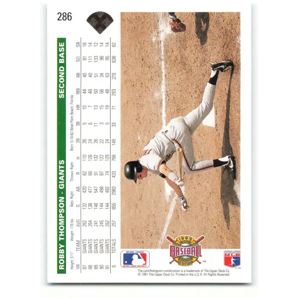 1992 Upper Deck #286 Robby Thompson NM-MT San Francisco Giants Baseball Card - Baseball Card Single