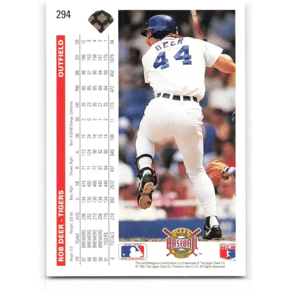 1992 Upper Deck #294 Rob Deer NM-MT Detroit Tigers Baseball Card - Baseball Card Single