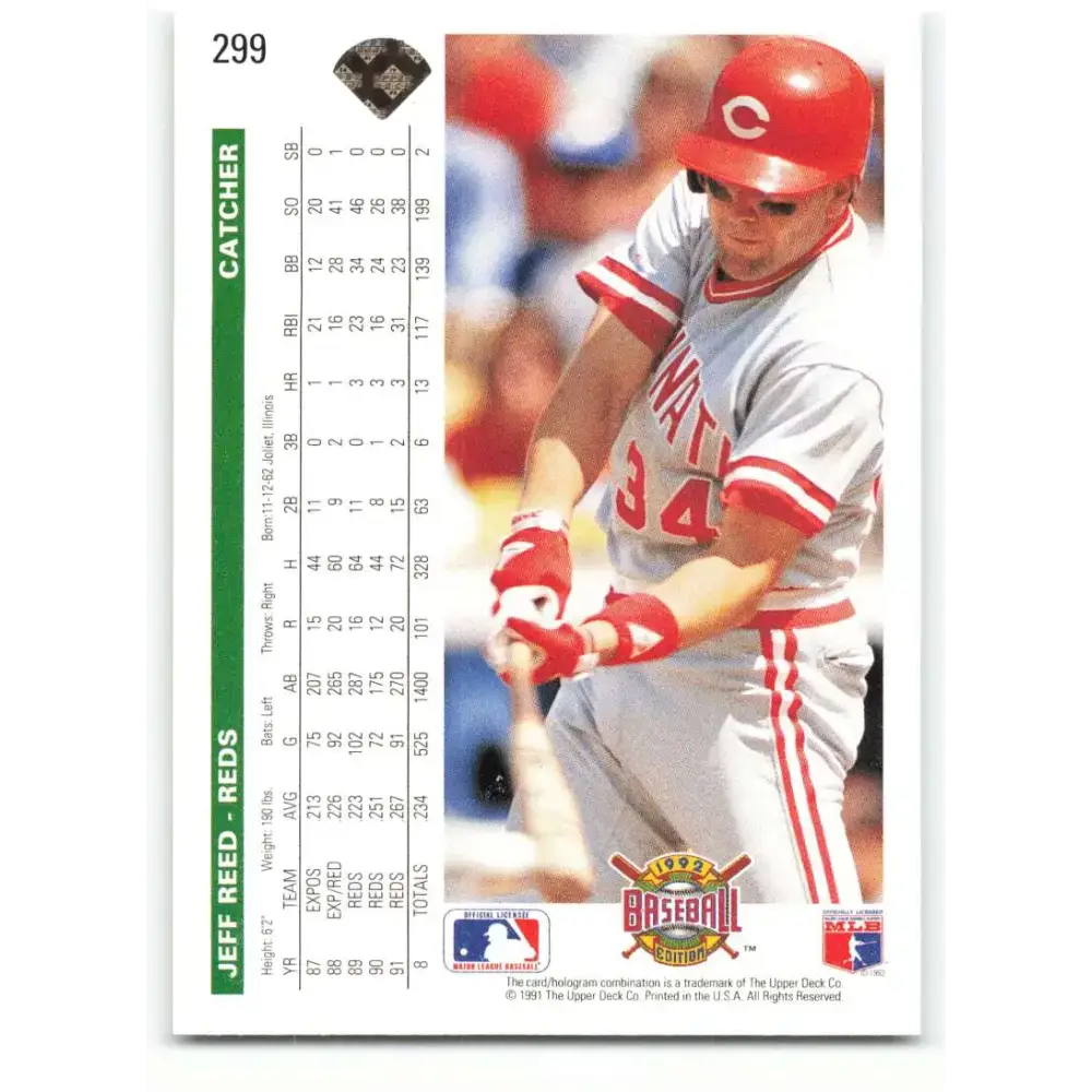 1992 Upper Deck #299 Jeff Reed NM-MT Cincinnati Reds Baseball Card - Baseball Card Single
