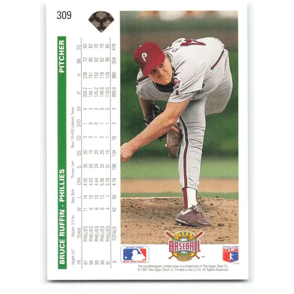 1992 Upper Deck #309 Bruce Ruffin NM-MT Philadelphia Phillies Baseball Card - Baseball Card Single