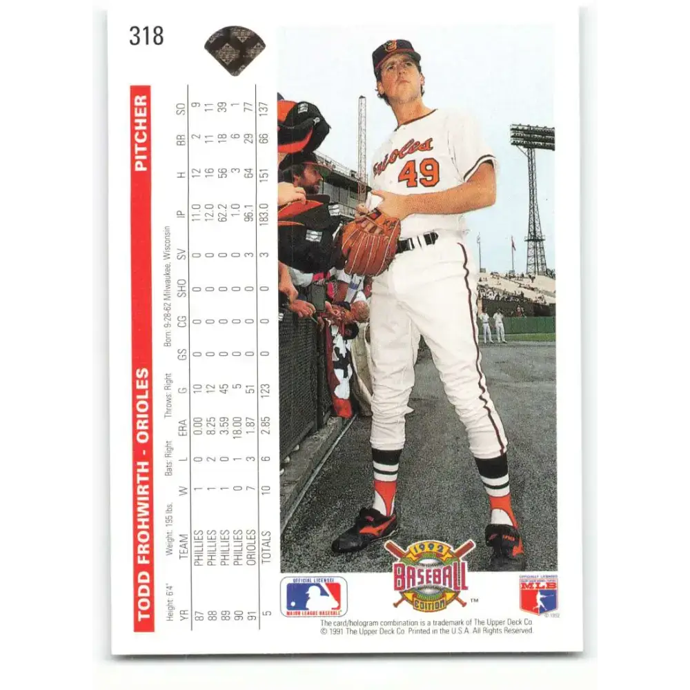 1992 Upper Deck #318 Todd Frohwirth NM-MT Baltimore Orioles Baseball Card - Baseball Card Single