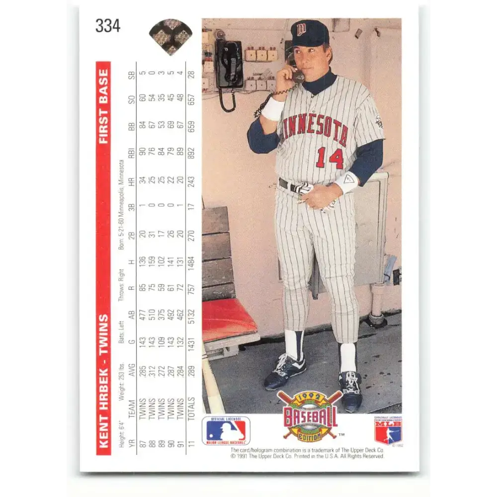 1992 Upper Deck #334 Kent Hrbek NM-MT Minnesota Twins Baseball Card - Baseball Card Single