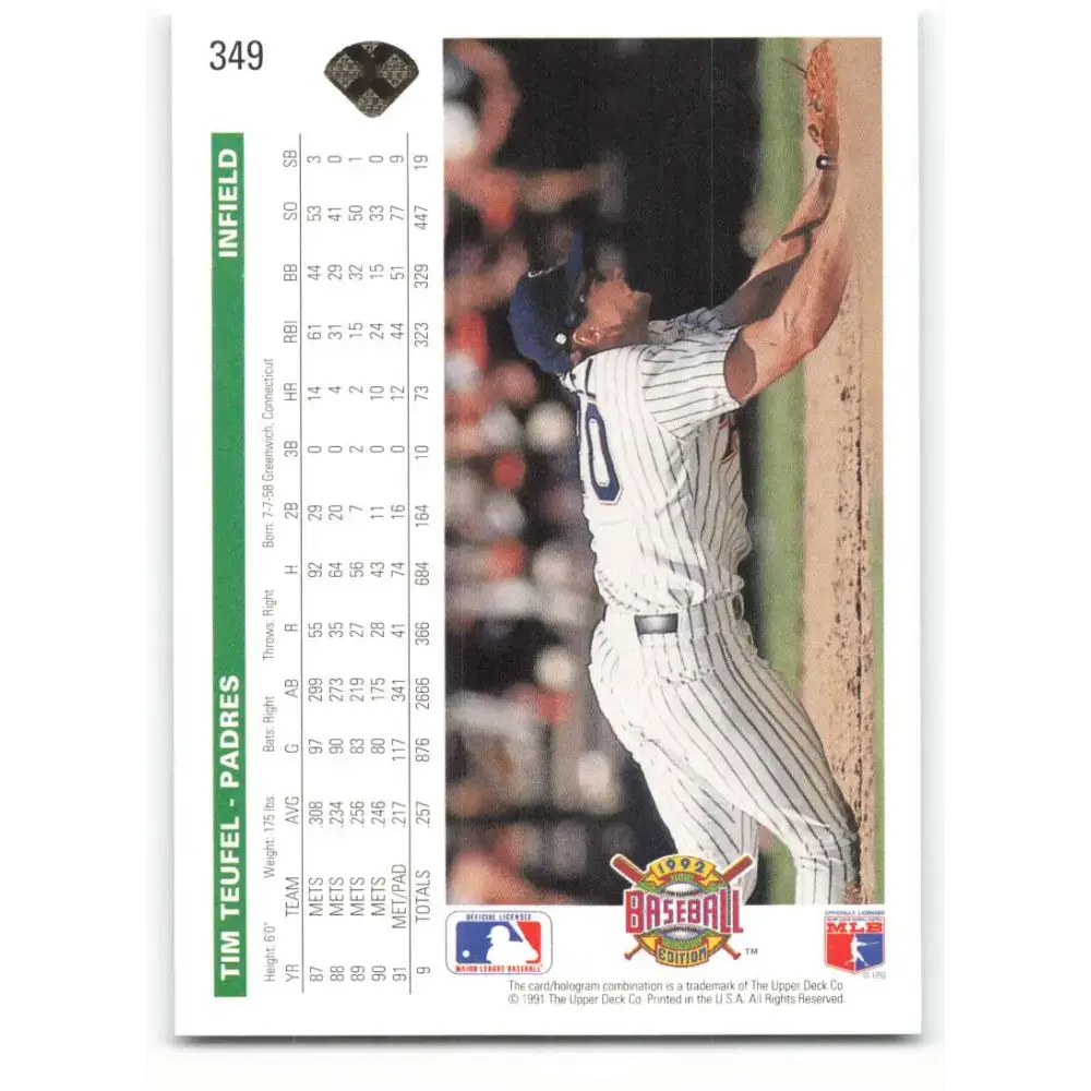 1992 Upper Deck #349 Tim Teufel NM-MT San Diego Padres Baseball Card - Baseball Card Single