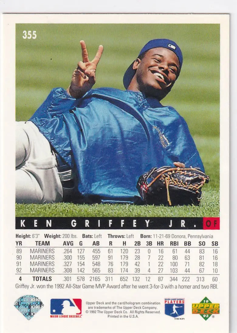 1992 UPPER DECK #355 KEN GRIFFEY JR- SEATTLE MARINERS - Baseball Card Single