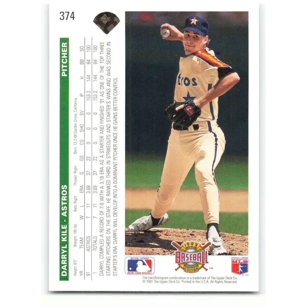 1992 Upper Deck #374 Darryl Kile NM-MT Houston Astros Baseball Card - Baseball Card Single