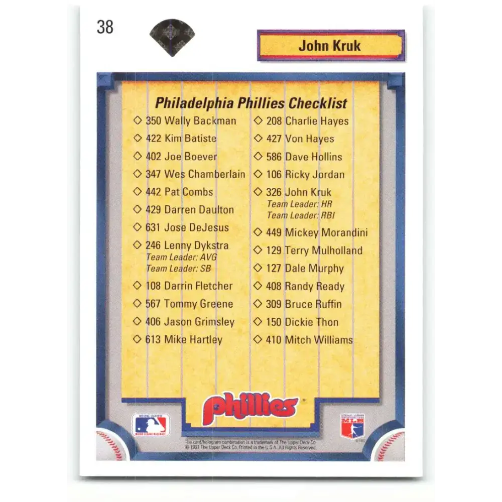 1992 Upper Deck #38 John Kruk TC NM-MT Philadelphia Phillies Baseball Card - Baseball Card Single