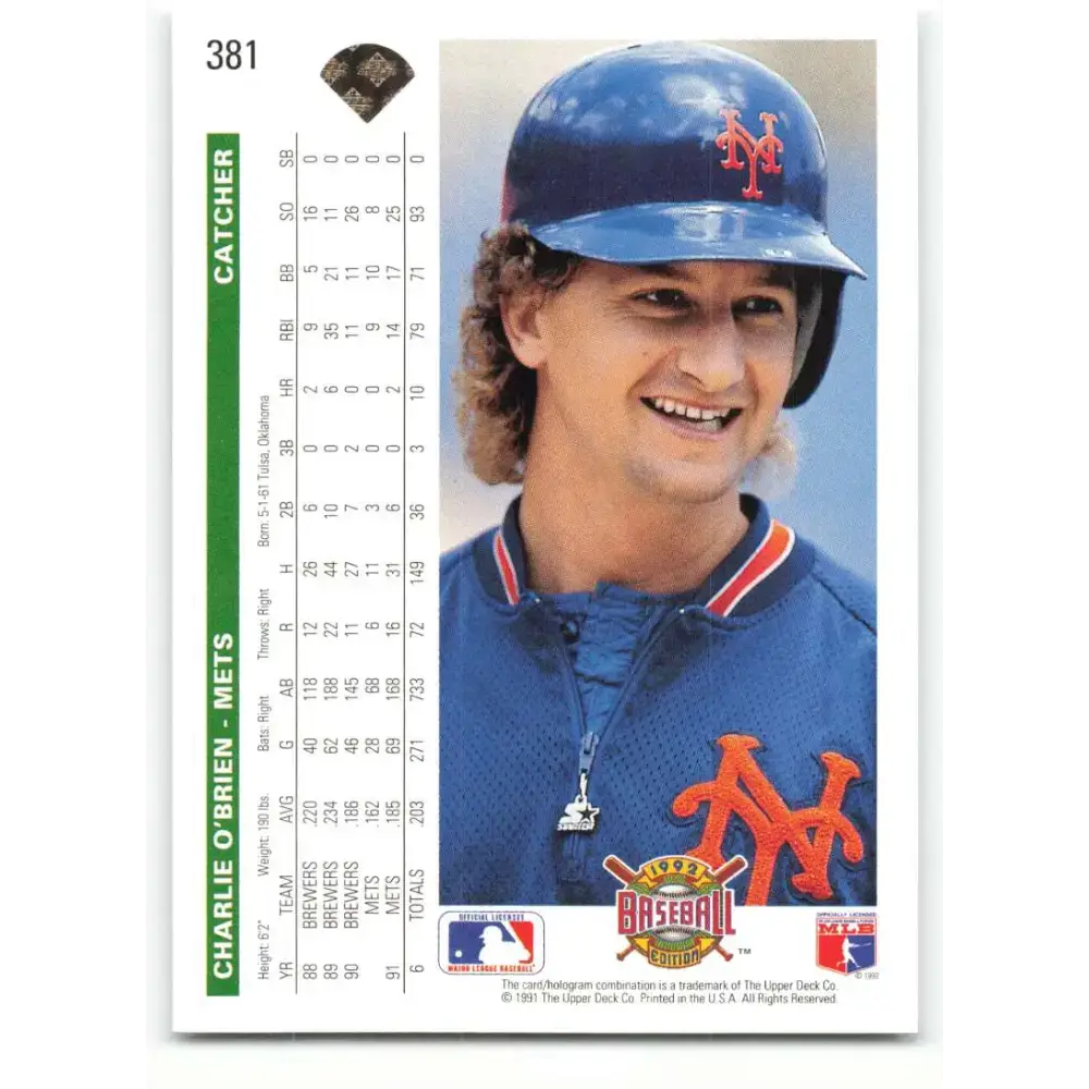 1992 Upper Deck #381 Charlie O’Brien NM-MT New York Mets Baseball Card - Baseball Card Single