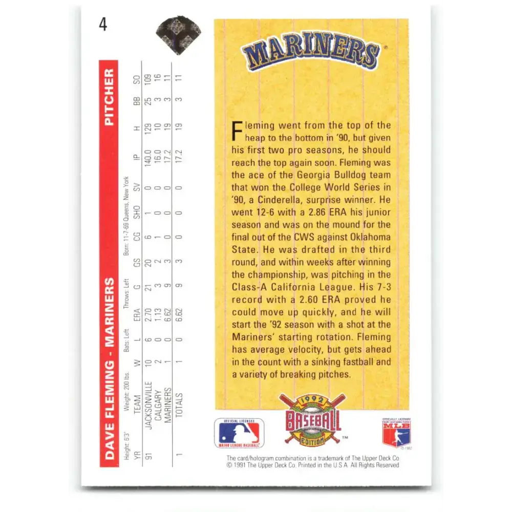 1992 Upper Deck #4 Dave Fleming NM-MT Seattle Mariners Baseball Card - Baseball Card Single