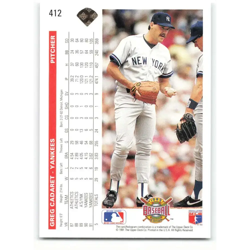 1992 Upper Deck #412 Greg Cadaret NM-MT New York Yankees Baseball Card - Baseball Card Single