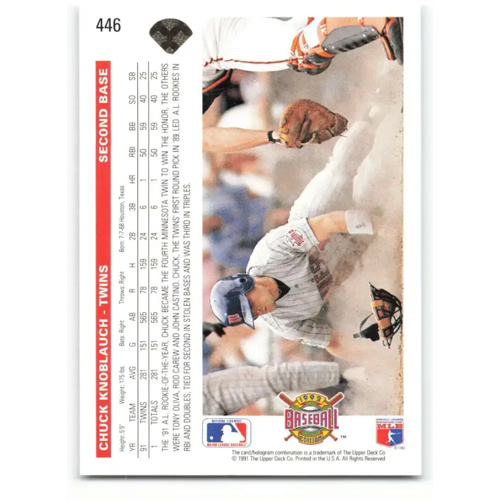 1992 Upper Deck #446 Chuck Knoblauch NM-MT Minnesota Twins Baseball Card - Baseball Card Single