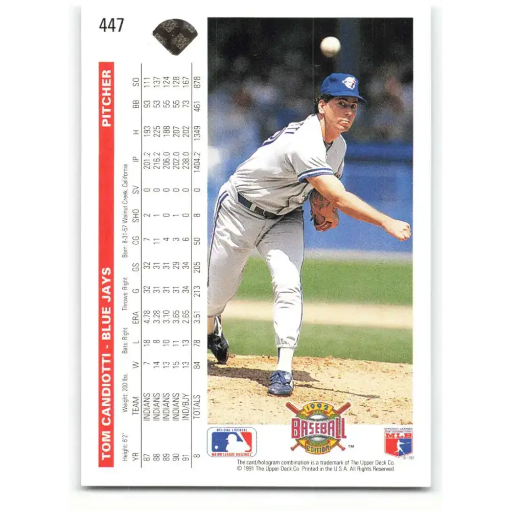 1992 Upper Deck #447 Tom Candiotti NM-MT Toronto Blue Jays Baseball Card - Baseball Card Single
