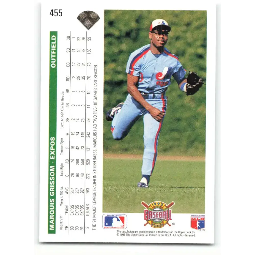 1992 Upper Deck #455 Marquis Grissom NM-MT Montreal Expos Baseball Card - Baseball Card Single