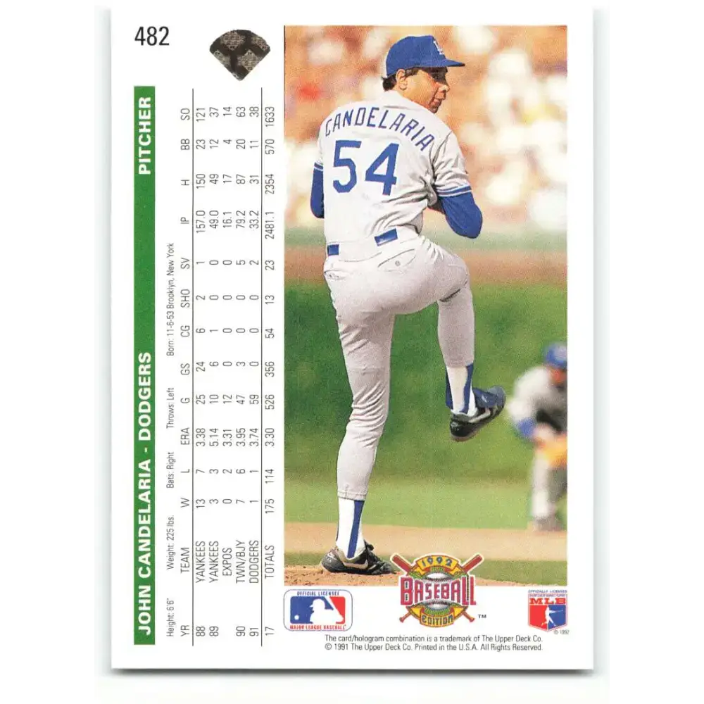 1992 Upper Deck #482 John Candelaria NM-MT Los Angeles Dodgers Baseball Card - Baseball Card Single