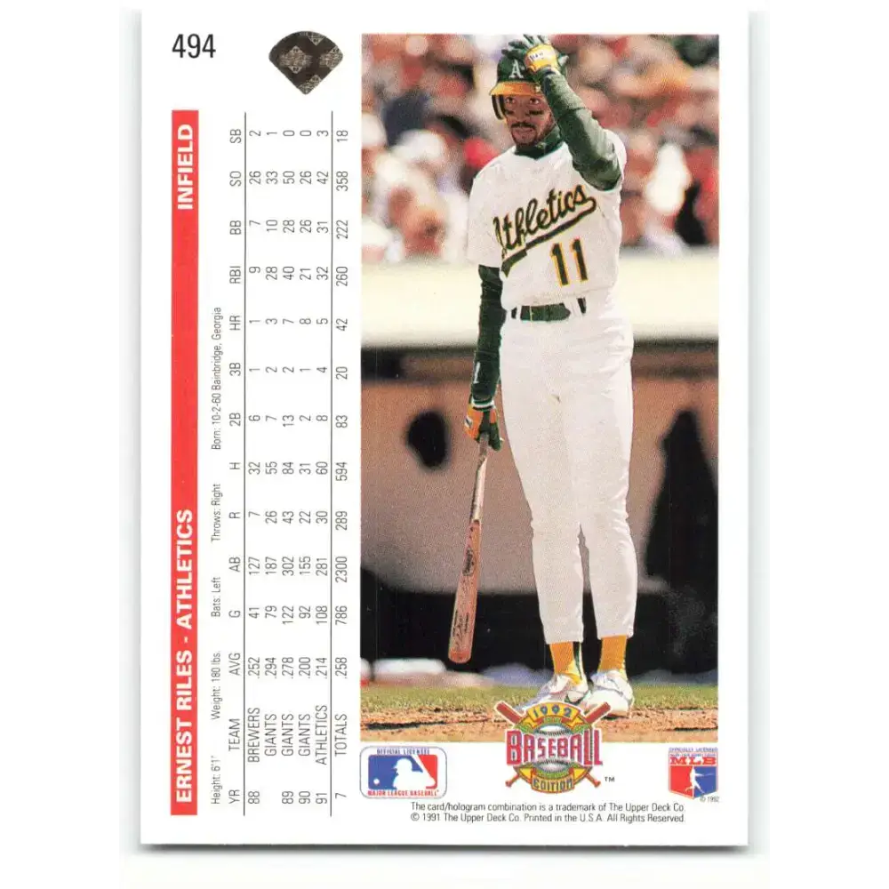 1992 Upper Deck #494 Ernest Riles NM-MT Oakland Athletics Baseball Card - Baseball Card Single