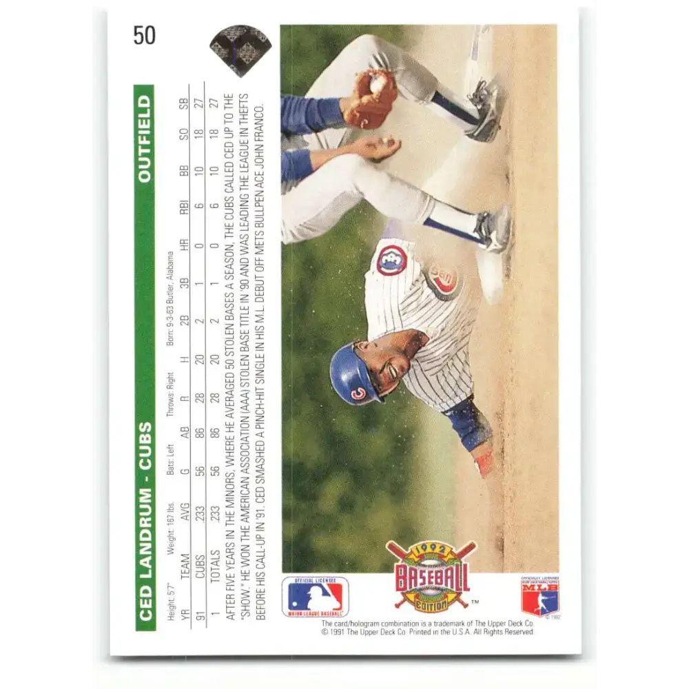 1992 Upper Deck #50 Ced Landrum NM-MT Chicago Cubs Baseball Card - Baseball Card Single
