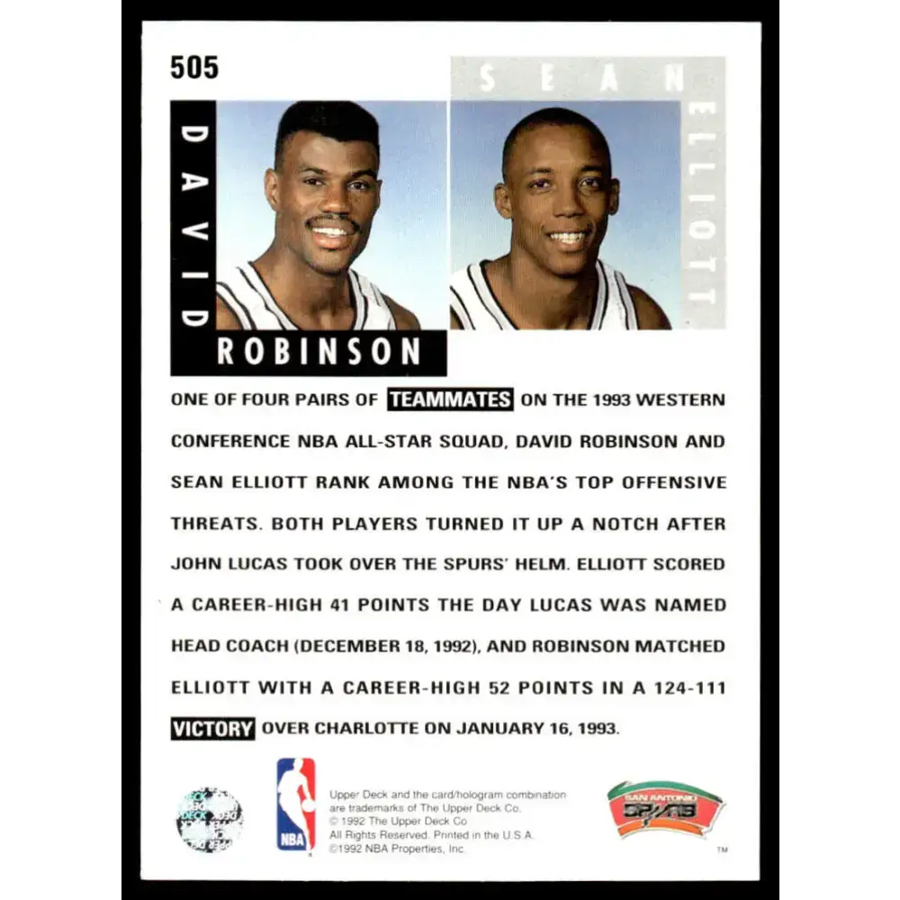1992 Upper Deck #505 David Robinson / Sean Elliott ST NM/MT San Antonio Spurs Basketball Card - Basketball Card Single